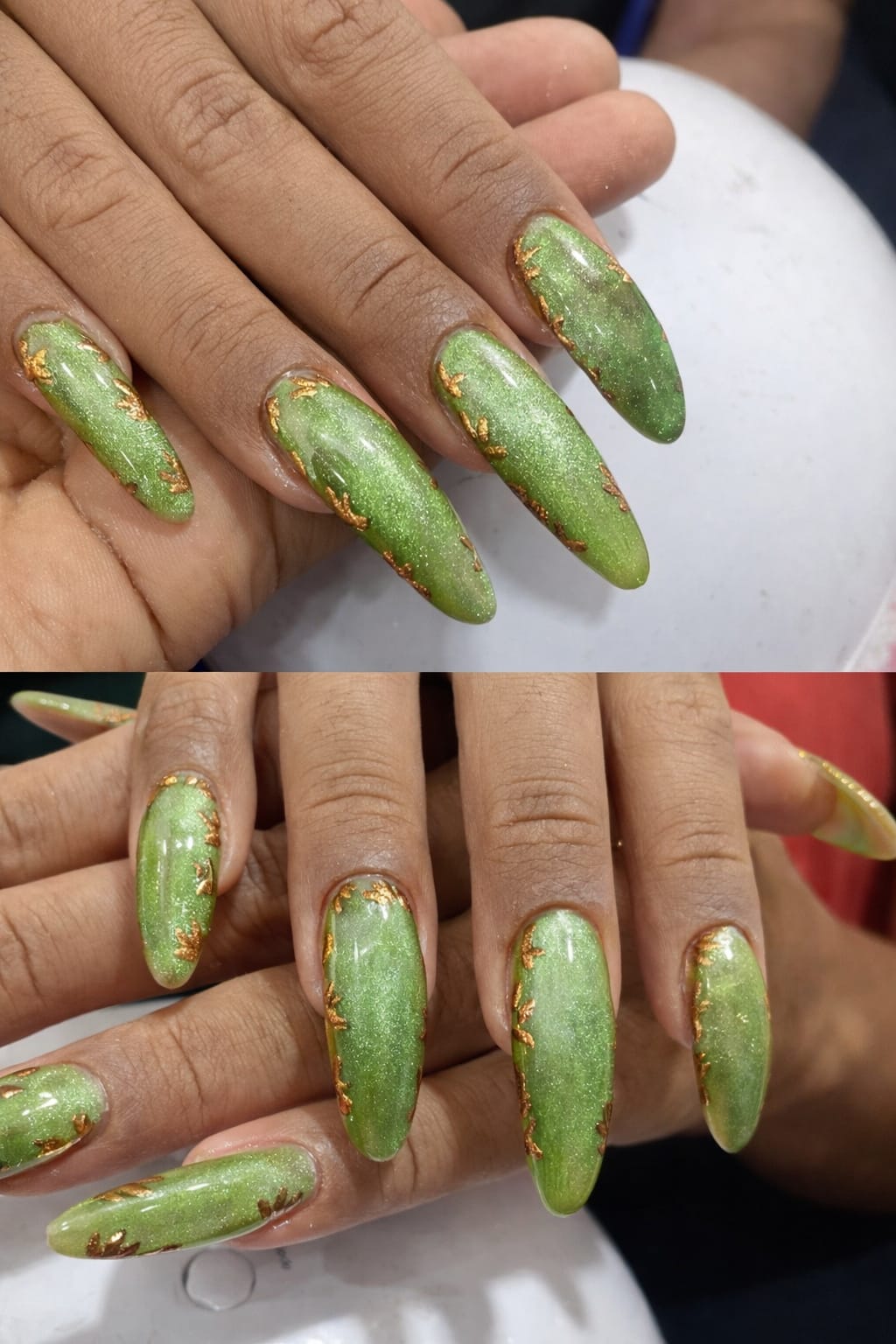 Unhas verdes com detalhe dourado